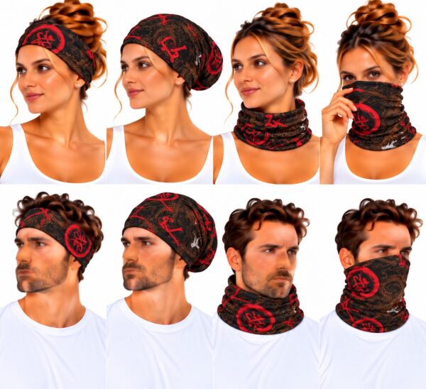 haarband-multifunctioneel-oosterse-print-rood-bruin-zwart-op-model-van-Haarsoires Haarband Multifunctioneel 45x25cm - Oosterse Print - Zwart Bruin Rood