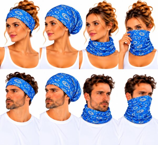 haarband-multifunctioneel-paisleyprint-blauw-op-model-van-Haarsoires Haarband Multifunctioneel 45x25cm - Paisleyprint - Blauw