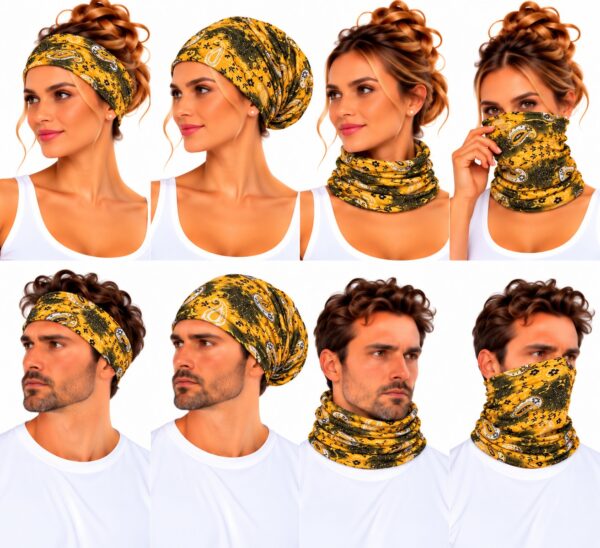 haarband-multifunctioneel-paisleyprint-geel-op-model-van-Haarsoires Haarband Multifunctioneel 45x25cm - Paisleyprint - Geel