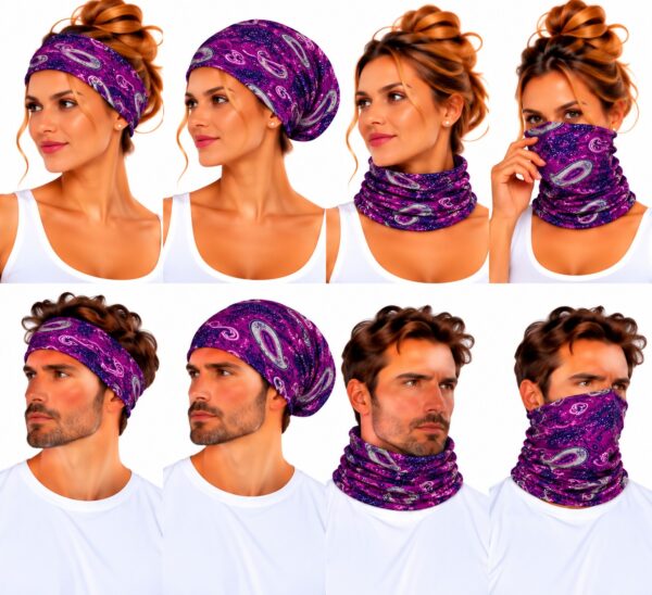 haarband-multifunctioneel-paisleyprint-paars-op-model-van-Haarsoires Haarband Multifunctioneel 45x25cm - Paisleyprint - Paars