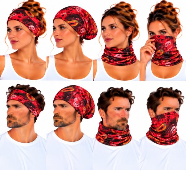 haarband-multifunctioneel-paisleyprint-rood-op-model-van-Haarsoires Haarband Multifunctioneel 45x25cm - Paisleyprint - Rood