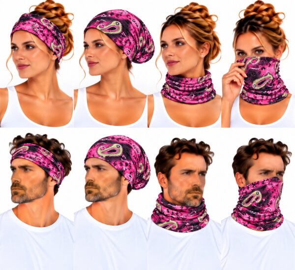 haarband-multifunctioneel-paisleyprint-roze-op-model-van-Haarsoires Haarband Multifunctioneel 45x25cm - Paisleyprint - Roze