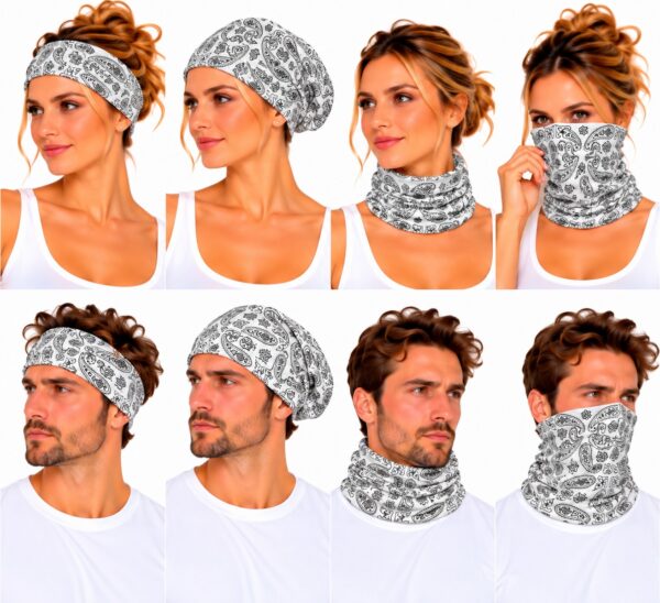 haarband-multifunctioneel-paisleyprint-wit-op-model-van-Haarsoires Haarband Multifunctioneel 45x25cm - Paisleyprint - Wit