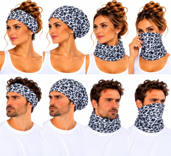 haarband-multifunctioneel-panterprint-zwart-wit-op-model-van-Haarsoires Haarband Multifunctioneel 45x25cm - Panterprint - Zwart Wit