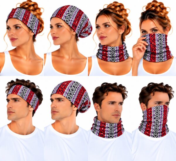 haarband-multifunctioneel-print-rood-op-model-van-Haarsoires Haarband Multifunctioneel 45x25cm - Ibiza Print - Rood Wit