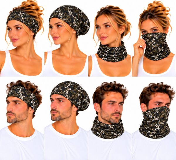 haarband-multifunctioneel-retroprint-bruin-op-model-van-Haarsoires Haarband Multifunctioneel 45x25cm - Retroprint - Bruin