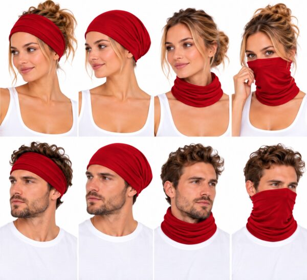 haarband-multifunctioneel-rood-op-model-van-Haarsoires Haarband Multifunctioneel 45x25cm - Effen - Rood