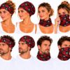 haarband-multifunctioneel-roos-schedel-print-rood-op-model-van-Haarsoires Haarband Multifunctioneel 45x25cm - Roos Schedel Print - Rood Zwart Wit
