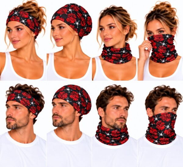 haarband-multifunctioneel-roos-schedel-print-rood-op-model-van-Haarsoires Haarband Multifunctioneel 45x25cm - Roos Schedel Print - Rood Zwart Wit