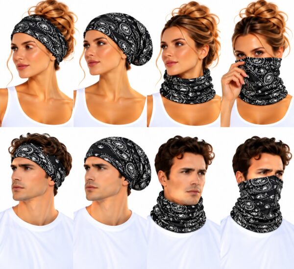 haarband-multifunctioneel-schedelprint-zwart-op-model-van-Haarsoires Haarband Multifunctioneel 45x25cm - Schedelprint - Zwart