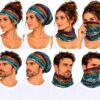 haarband-multifunctioneel-streepprint-bruin-multicolor-op-model-van-Haarsoires Haarband Multifunctioneel 45x25cm - Streepprint - Bruin Multicolor