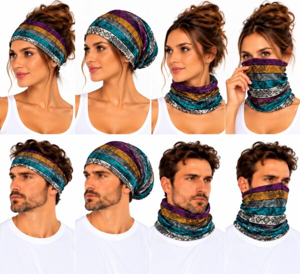haarband-multifunctioneel-streepprint-bruin-multicolor-op-model-van-Haarsoires Haarband Multifunctioneel 45x25cm - Streepprint - Bruin Multicolor
