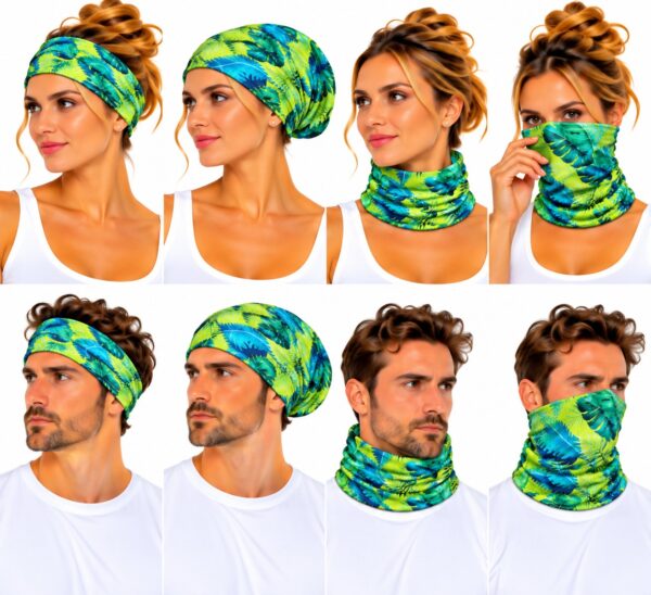 haarband-multifunctioneel-tropische-print-groen-op-model-van-Haarsoires Haarband Multifunctioneel 45x25cm - Tropische Print - Groen