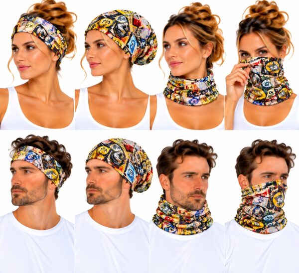 haarband-multifunctioneel-vintage-print-multicolor-op-model-van-Haarsoires Haarband Multifunctioneel 45x25cm - Vintage Print - Geel Multicolor