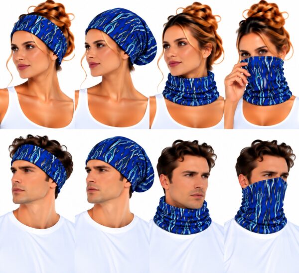 haarband-multifunctioneel-vlammenprint-blauw-op-model-van-Haarsoires Haarband Multifunctioneel 45x25cm - Vlammenprint - Blauw