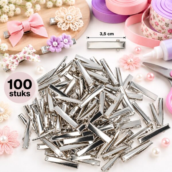 haarklemmen-DIY-3,5cm-100-stuks-sfeerbeeld-van-Haarsoires DIY Haarklemmetjes Recht 3,5cm – Metaal – Zilver – 100 Stuks