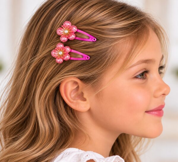 klikklak-haarspeldjes-5cm-bloem-glitter-roze-op-model-van-Haarsoires Haarspeld Klikklak 5cm - Bloem - Glitter Steentjes - Roze - 2 Stuks
