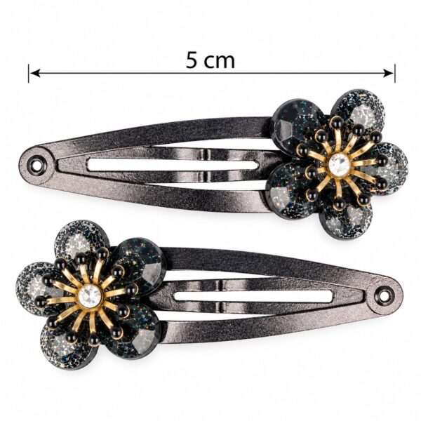 klikklak-haarspeldjes-bloem-glitter-zwart-van-Haarsoires Haarspeld Klikklak 5cm - Bloem - Glitter Steentjes - Zwart - 2 Stuks