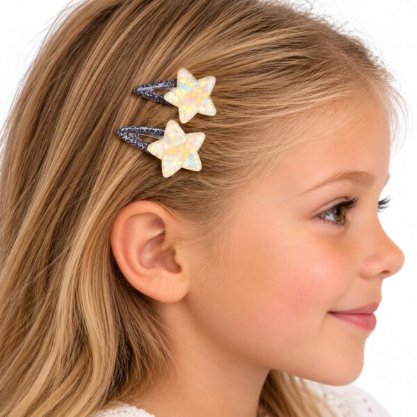 klikklak-haarspeldjes-ster-glitter-grijs-op-model-van-Haarsoires Haarspeld Klikklak 5cm - Ster - Glitter - Grijs - 2 Stuks